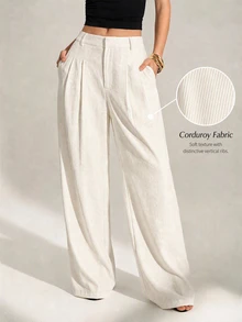SHEIN Tall 女款純色休閒百搭日常穿著寬腿長褲 早午餐上班 白色 秋季 - 白色 - 查看 7