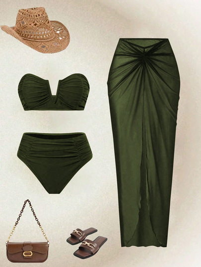 Swim Oasis 2026 New Spring/Summer Women Solid Color Bandeau Swimwear, Swim Shorts, Mesh Maxi Skirt Beach Resort Casual Swimwear Set