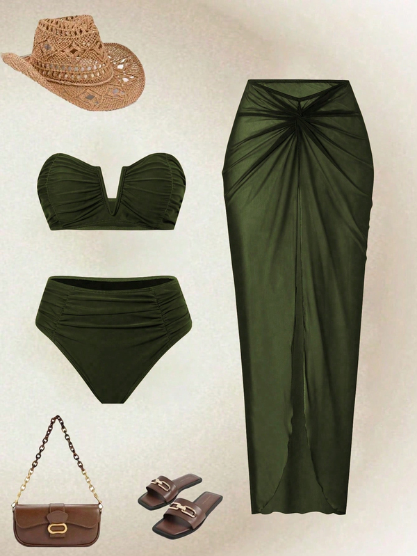 Swim Oasis 2026 New Spring/Summer Women Solid Color Bandeau Swimwear, Swim Shorts, Mesh Maxi Skirt Beach Resort Casual Swimwear Set