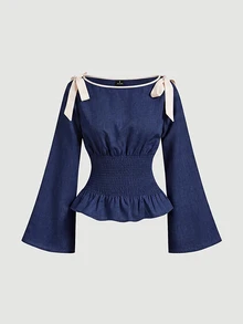 SHEIN MOD 大尺碼女款時尚襯衫，肩部蝴蝶結設計，抓皺收腰，秋季款 - 藏蓝色 - 查看 1