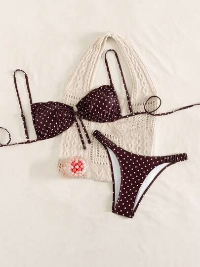 Swim Mod Polka Dot Print Bikini, Sexy Beachwear Swimwear With Adjustable Straps For Women, Spring/Summer