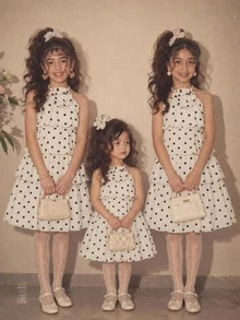 Kids Tween Girls White Black Polka Dot Printed Dress, Elegant Ruffle Party Dresses With 3D Floral - Apricot - View 13