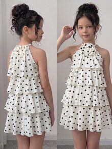 Kids Tween Girls White Black Polka Dot Printed Dress, Elegant Ruffle Party Dresses With 3D Floral - Apricot - View 10