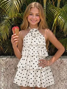 Kids Tween Girls White Black Polka Dot Printed Dress, Elegant Ruffle Party Dresses With 3D Floral - Apricot - View 11