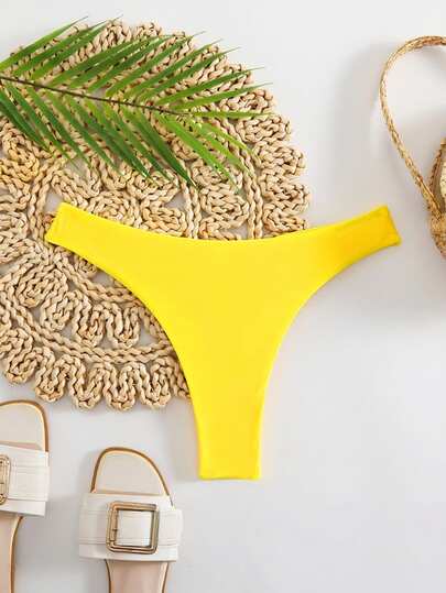 Swim Basics 女式纯色褶饰三角形黄色比基尼泳裤
