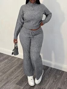 Selianne Setelan 2 Potong untuk Wanita: Sweater dengan Resleting Setengah di Bagian Depan dan Celana Panjang dengan Tali Serut di Pinggang - Grey - View 1