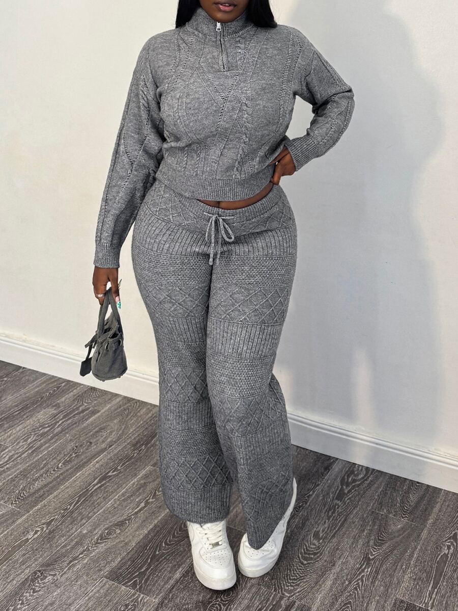 Selianne Setelan 2 Potong untuk Wanita: Sweater dengan Resleting Setengah di Bagian Depan dan Celana Panjang dengan Tali Serut di Pinggang - Grey - View 1
