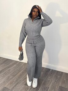 Selianne Setelan 2 Potong untuk Wanita: Sweater dengan Resleting Setengah di Bagian Depan dan Celana Panjang dengan Tali Serut di Pinggang - Grey - View 4