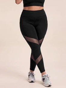 SHEIN Rhythm Era Women's Plus Size Solid Color Pocket Mesh Patchwork Sports Leggings - Black - View 1