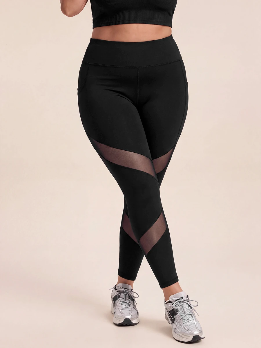 SHEIN Rhythm Era Women's Plus Size Solid Color Pocket Mesh Patchwork Sports Leggings - Black - View 1