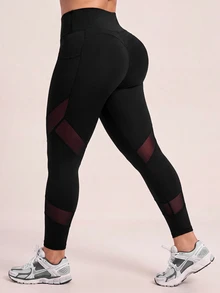 SHEIN Rhythm Era Women's Plus Size Solid Color Pocket Mesh Patchwork Sports Leggings - Black - View 2