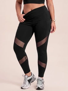 SHEIN Rhythm Era Women's Plus Size Solid Color Pocket Mesh Patchwork Sports Leggings - Black - View 5