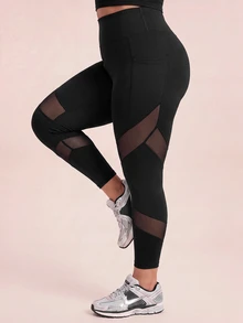 SHEIN Rhythm Era Women's Plus Size Solid Color Pocket Mesh Patchwork Sports Leggings - Black - View 4