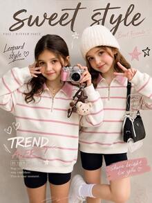 Kids Tween Girls Half-Zip Dropped Shoulder Sweatshirt With Striped Pattern, Thermal Lined, Suitable For Autumn/Winter - Multicolor - View 3