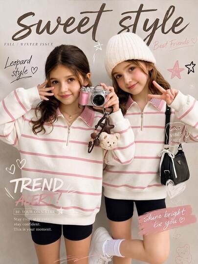 Kids Tween Girls Half-Zip Dropped Shoulder Sweatshirt With Striped Pattern, Thermal Lined, Suitable For Autumn/Winter