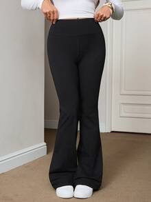SHEIN Tall Women's Casual Versatile Solid Color Flare Leg Pants - Black - View 5