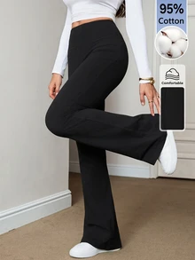 SHEIN Tall Women's Casual Versatile Solid Color Flare Leg Pants - Black - View 8