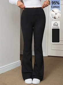 SHEIN Tall Women's Casual Versatile Solid Color Flare Leg Pants - Black - View 11