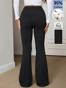 SHEIN Tall Women's Casual Versatile Solid Color Flare Leg Pants - Black - View 2