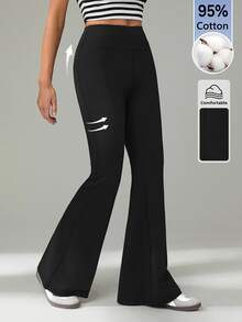 SHEIN Tall Women's Casual Versatile Solid Color Flare Leg Pants - Black - View 4