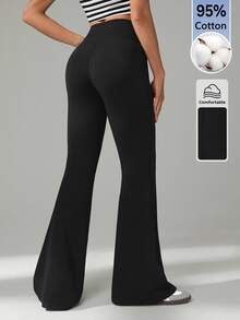 SHEIN Tall Women's Casual Versatile Solid Color Flare Leg Pants - Black - View 9