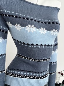Elamini Women's Autumn/Winter Asymmetric Shoulder 2-Way Wear Contrast Color Gradient Fair Isle Pattern Slim Fit Atmosphere Versatile Knit Sweater - Blue - View 4