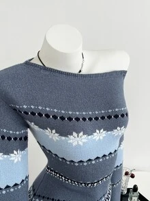 Elamini Women's Autumn/Winter Asymmetric Shoulder 2-Way Wear Contrast Color Gradient Fair Isle Pattern Slim Fit Atmosphere Versatile Knit Sweater - Blue - View 1