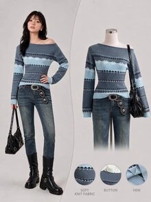 Elamini Women's Autumn/Winter Asymmetric Shoulder 2-Way Wear Contrast Color Gradient Fair Isle Pattern Slim Fit Atmosphere Versatile Knit Sweater - Blue - View 3