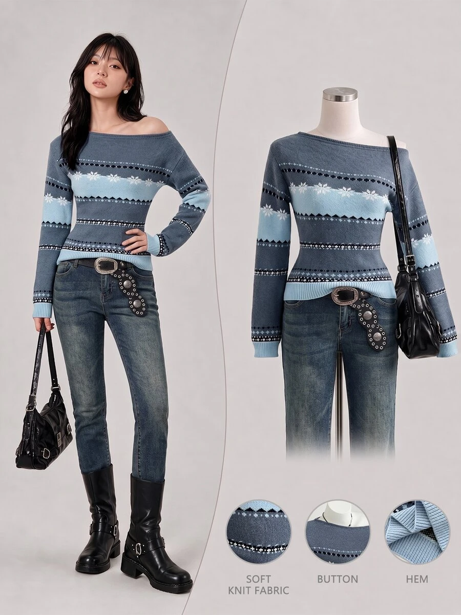 Elamini Women's Autumn/Winter Asymmetric Shoulder 2-Way Wear Contrast Color Gradient Fair Isle Pattern Slim Fit Atmosphere Versatile Knit Sweater - Blue - View 1