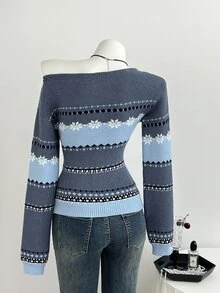 Elamini Women's Autumn/Winter Asymmetric Shoulder 2-Way Wear Contrast Color Gradient Fair Isle Pattern Slim Fit Atmosphere Versatile Knit Sweater - Blue - View 2