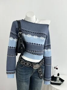 Elamini Women's Autumn/Winter Asymmetric Shoulder 2-Way Wear Contrast Color Gradient Fair Isle Pattern Slim Fit Atmosphere Versatile Knit Sweater - Blue - View 5