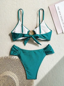 Swim Chiccia 女士性感金属装饰高腰褶皱细肩带比基尼套装，夏季纯素海滩度假泳装 - 綠色 - 查看 2