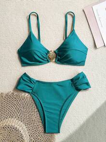 Swim Chiccia 女士性感金属装饰高腰褶皱细肩带比基尼套装，夏季纯素海滩度假泳装 - 綠色 - 查看 6