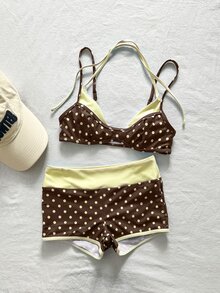 SHEIN Swim 两件套女士泳装比基尼，蓝黄波点条纹泳裤，适合波西米亚风度假、健身、休闲、Y2K复古风、甜美可爱复古沙滩女泳装套装，春夏精选沙滩装，时尚穿搭，七月四日沙滩装 - 棕色 - 查看 4