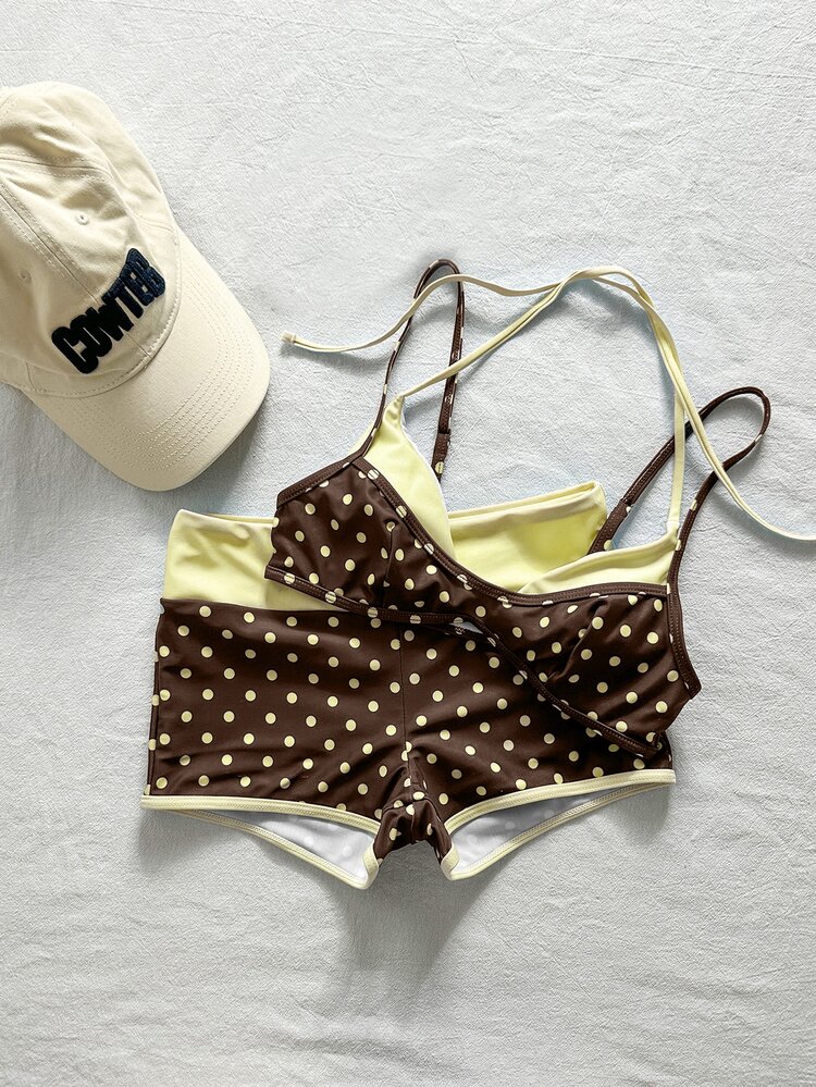 SHEIN Swim 2pcs Women Swimwear Bikini Set,Brown And Yellow Polka Dot,Summer,Tropical,Beach,Holiday,Vacation,Holiday,Striped Swimshorts Boho Y2K Retro Swimsuits - Brown - View 6
