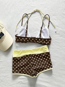 SHEIN Swim 两件套女士泳装比基尼，蓝黄波点条纹泳裤，适合波西米亚风度假、健身、休闲、Y2K复古风、甜美可爱复古沙滩女泳装套装，春夏精选沙滩装，时尚穿搭，七月四日沙滩装 - 棕色 - 查看 5