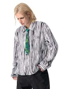 ROMWE MEN Beetlejuice X ROMWE قميص رجالي مخطط بياقة مطوية كاجوال متعدد الاستخدامات للارتداء اليومي - أبيض - مشاهدة 1