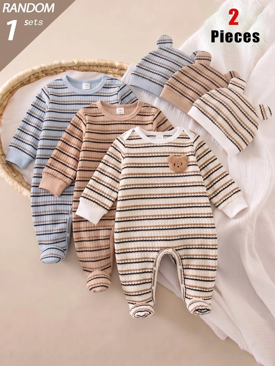 1 Set Romper Bayi Baru Lahir Lengan Panjang dengan Penutup Kaki, Bahan Rajut Nyaman Bergaris Lembut, Pakaian Santai Terbaik untuk Bayi Baru Lahir, Pakaian Rumahan, Modis Serbaguna, Pilihan Terbaik - MultiWarna - View 1