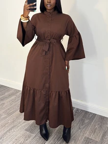 Selianne Gaun Kasual Wanita Warna Polos Lengan Lonceng Kancing Tunggal Hem Berumbai Panjang Sedang - Coklat - View 1