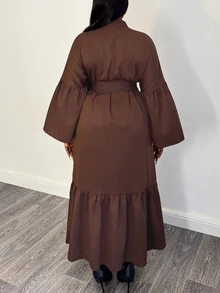 Selianne Gaun Kasual Wanita Warna Polos Lengan Lonceng Kancing Tunggal Hem Berumbai Panjang Sedang - Coklat - View 2
