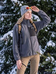 In My Nature Women's Long Sleeve Zipper Pocket Stand Collar Outdoor Fleece Jacket, Autumn/Winter - Grey - View 3