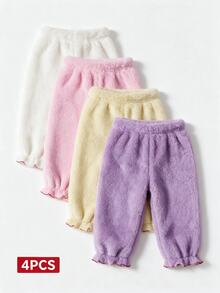 SHEIN Infant Baby Girls Thick Velvet Pants Ruffle Cuff Toddler Soft Cozy Fleece Joggers Autumn Winter Trousers Butter Yellow Light Pink Purple White - Multicolor - View 6