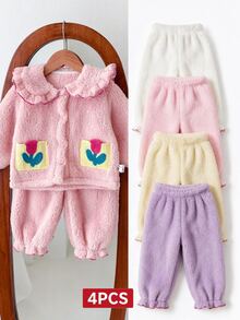 SHEIN Infant Baby Girls Thick Velvet Pants Ruffle Cuff Toddler Soft Cozy Fleece Joggers Autumn Winter Trousers Butter Yellow Light Pink Purple White - Multicolor - View 3