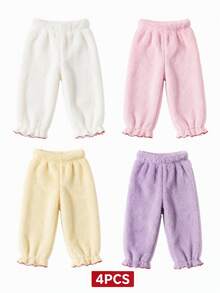 SHEIN Infant Baby Girls Thick Velvet Pants Ruffle Cuff Toddler Soft Cozy Fleece Joggers Autumn Winter Trousers Butter Yellow Light Pink Purple White - Multicolor - View 2