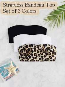 Swim Vcay Women's Summer Beach Solid Color And Leopard Print Bandeau Bikini Top 3pcs/Set - Multicolor - View 2