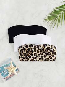 Swim Vcay Women's Summer Beach Solid Color And Leopard Print Bandeau Bikini Top 3pcs/Set - Multicolor - View 3