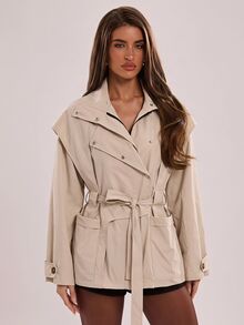 SHEIN BAE Jaket Trench Coat Kasual Wanita Lengan Panjang Warna Polos dengan Ikat Pinggang dan Resleting Depan - Khaki - View 1