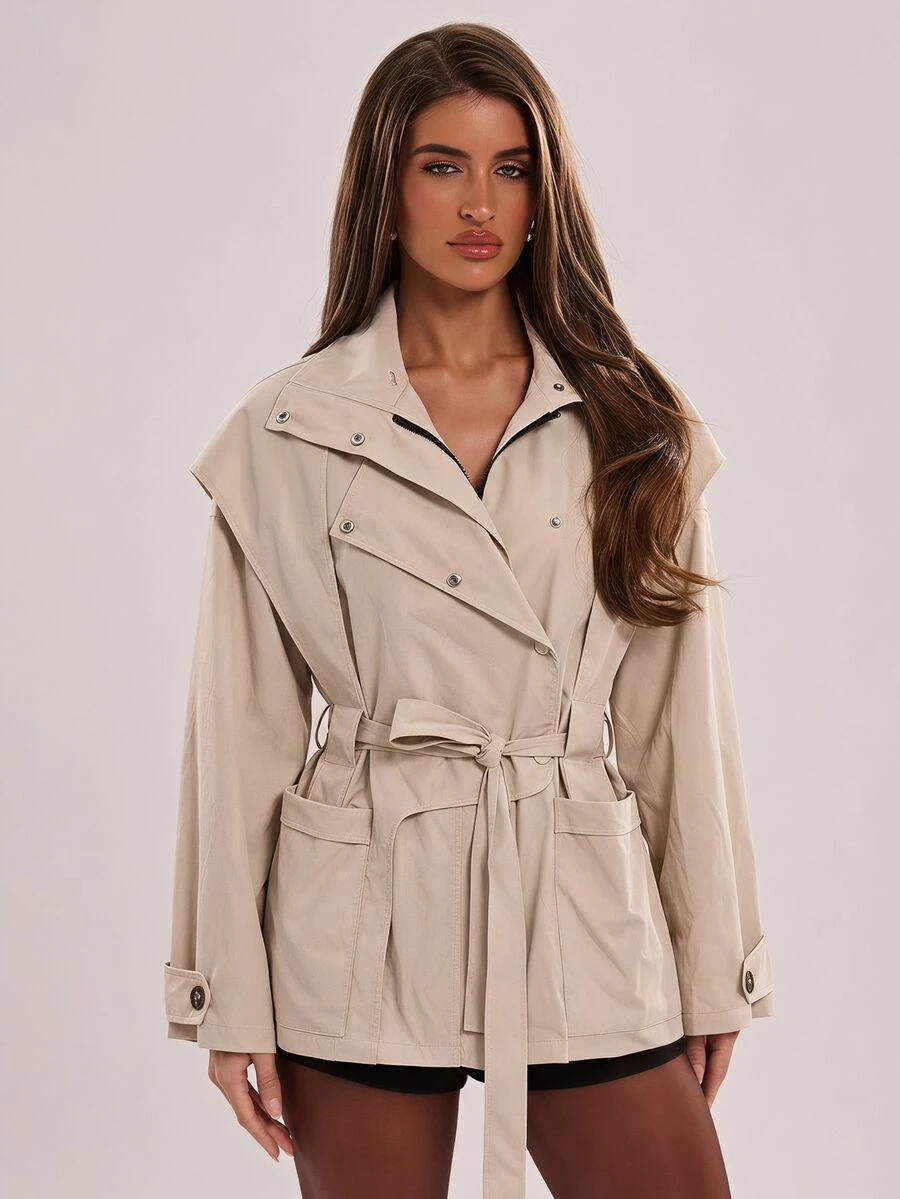SHEIN BAE Jaket Trench Coat Kasual Wanita Lengan Panjang Warna Polos dengan Ikat Pinggang dan Resleting Depan - Khaki - View 1