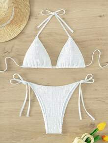 Swim Mod Women Holiday Beach Solid Color White Bikini Swimwear Set For Summer Beach Vacation - White - View 3