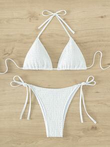Swim Mod Women Holiday Beach Solid Color White Bikini Swimwear Set For Summer Beach Vacation - White - View 7